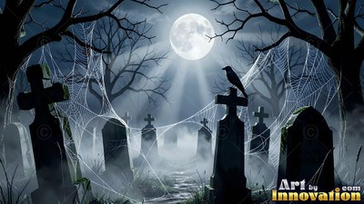 Cobwebs draped on dark cross headstones in a graveyard in the fog under a bright moon