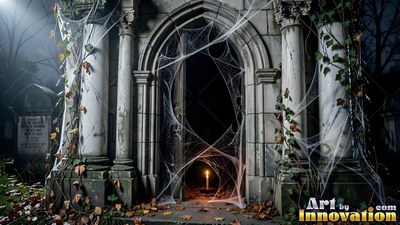 A stone tomb stands open behind thick spiderwebs, lit by a single candle flame inside