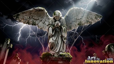 Praying with hands clasped in a dark graveyard, a stone angel stands under lightning