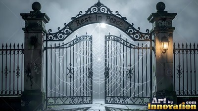 A spider web stretches across open cemetery gates in gray night fog