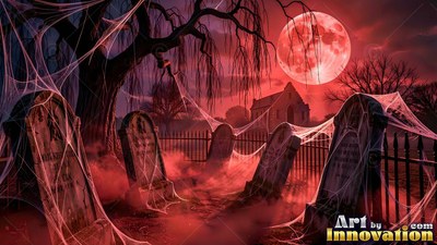 In a red graveyard, thick spider webs cover old headstones under a full moon