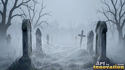 Stretching between gray tombstones, white spiderwebs hang in a foggy graveyard