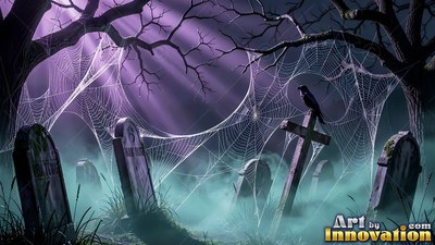 Tombstones covered in spiderwebs under purple moonlight