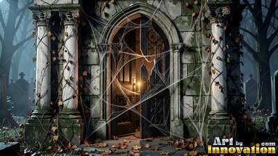 Thick spiderwebs over its cracked door, a stone crypt rests in a foggy moonlit cemetery