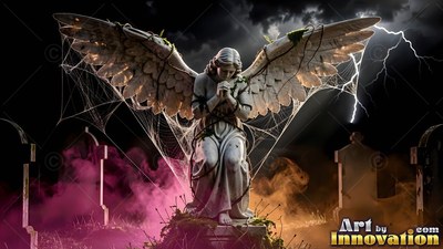 A winged stone angel kneels with folded hands in a cemetery lit by lightning and pink fog