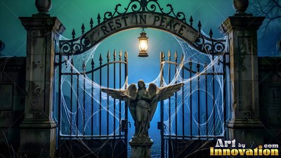 Standing with open wings, an angel statue fronts misty graveyard gates