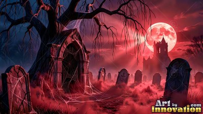 A graveyard covered in spiderwebs sits under red fog and a moon