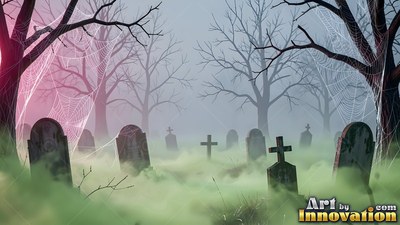 In a dark cemetery, tombstones rise through green mist beneath large spiderwebs
