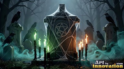 Standing in blue fog, a web-covered tombstone sits beside ravens and candles