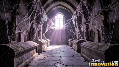 Cobwebs hang across a stone crypt lit by pale window light