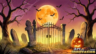 Iron cemetery gates covered in spiderwebs stand before headstones and a bright full moon under purple skies