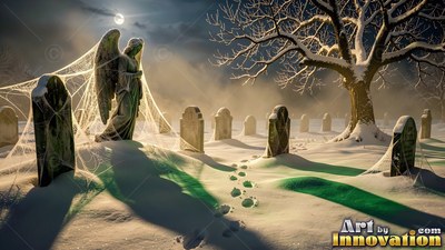 An angel statue stands by snowy graves with webs, lit by cold moonbeams