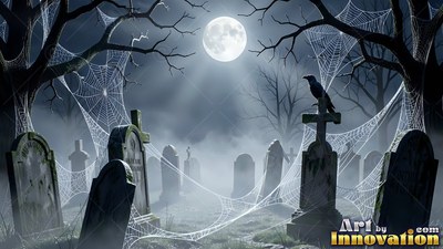 Perched on a cross in a foggy graveyard, a black raven rests under a full moon