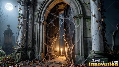 Thick spider webs cover the open door of a stone tomb lit by a candle at night