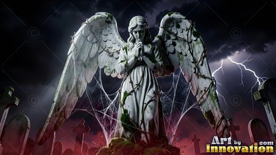 In a stormy graveyard, a stone angel statue prays under webbed vines