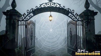 Stretching across open cemetery gates, a giant spider web hangs in blue fog