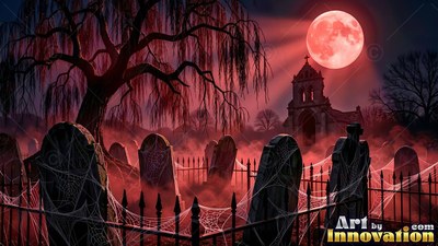A foggy graveyard with webbed headstones under a red moon