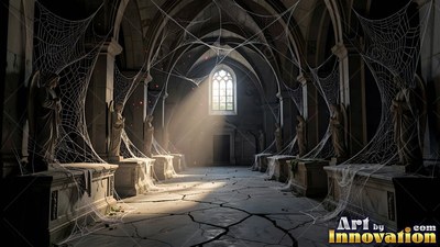 White cobwebs stretch across stone tombs inside a dark gothic crypt under sunbeams