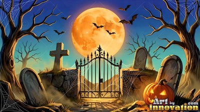 A cemetery gate stands closed before tombstones under an orange full moon