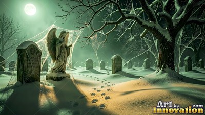 Standing with bowed head in a snowy graveyard, a stone angel under spiderwebs