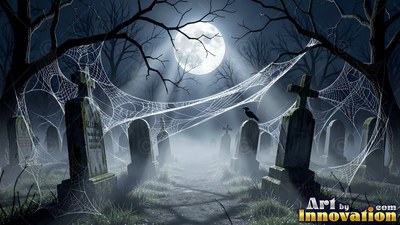 A full moon shines over foggy tombstones draped in thick spiderwebs with a crow