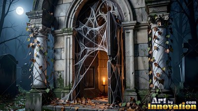 In a moonlit graveyard, a stone crypt door stands open with thick spiderwebs
