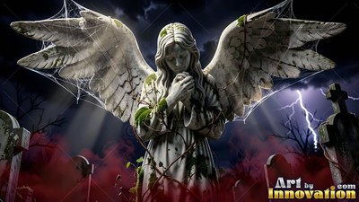 Praying with folded hands, a stone angel statue stands in red cemetery fog