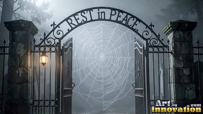 Open cemetery gates with a large spiderweb in misty gray light