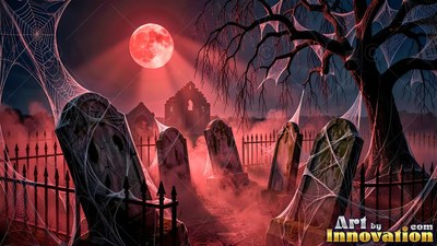 Draped in thick spider webs, stone headstones sit in red fog under a bright red moon
