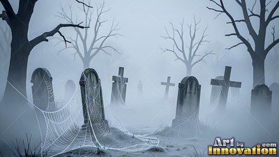 Weathered headstones stand covered in spider webs under a pale blue haze