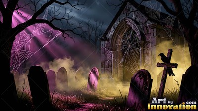 Perched on a wooden cross, a black raven watches over a graveyard in pink light