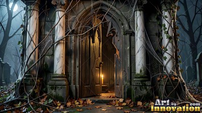 A single candle shines inside an open stone crypt covered in cobwebs at night