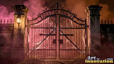Standing shut in pink fog, an iron cemetery gate is covered with thick cobwebs