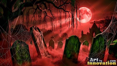 Green tombstones in a red foggy cemetery under a full moon