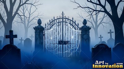 White spiderwebs stretch across iron cemetery gates standing in blue fog among headstones