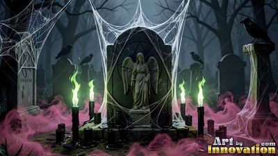 A stone angel tombstone stands covered in cobwebs lit by green candle flames