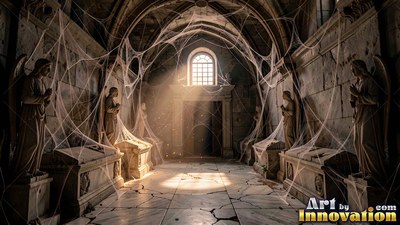 Stone angel statues stand praying inside a sunlit stone crypt hung with cobwebs