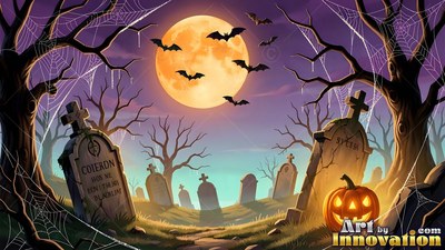 Bats fly in front of a yellow round moon over a graveyard with a jack-o'-lantern