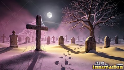 In a snowy cemetery, headstones stand under a moon and bare tree