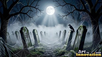 Perching on a tombstone, a black crow watches over a misty graveyard under a moon
