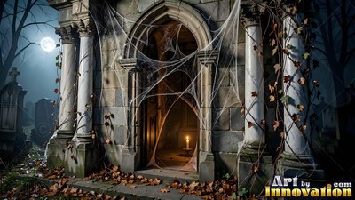 Stone crypt doorway covered in thick cobwebs under moonlight