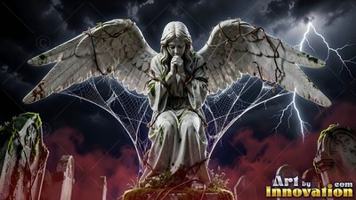 Hands folded in prayer, a stone angel statue kneels draped in cobwebs under lightning in a dark graveyard