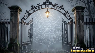 A large spiderweb stretches between open cemetery gates under a yellow lantern