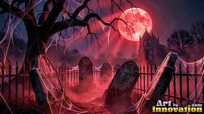 Tilted headstones stand in a spooky graveyard under a red bright full moon