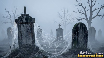 Thick spiderwebs stretch between old stone graves in cold blue fog