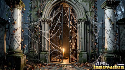 Standing open with webs, a stone crypt holds a lit candle behind iron gates