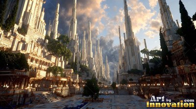 In a wide marble courtyard, tall white towers rise under a cloudy sky