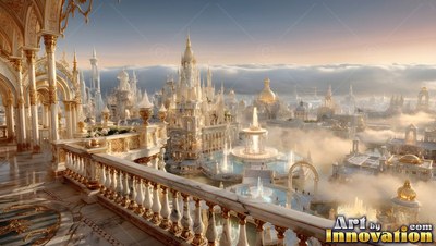 Looking over the clouds, a marble palace balcony faces golden spires and fountains