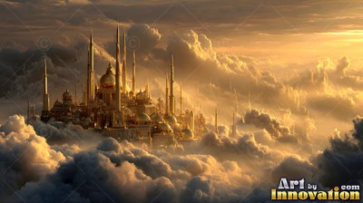 A golden castle with tall spires resting above thick white clouds