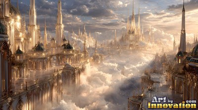Tall golden spires rise on palaces built along cliffs above light clouds in sunlight